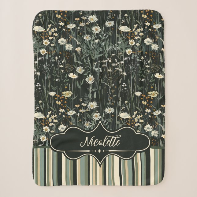 Nicolette Dark Daisy Floral Striped Sherpa Blanket (Front)