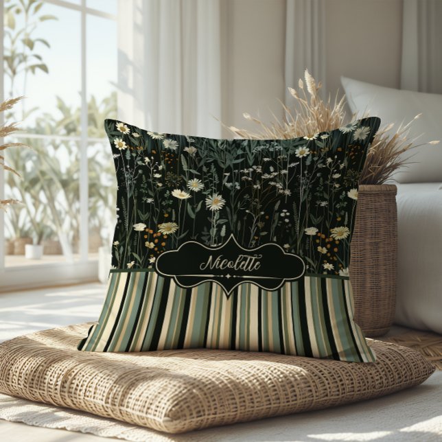 Nicolette Dark Daisy Floral Striped Throw Pillow (Creator Uploaded)