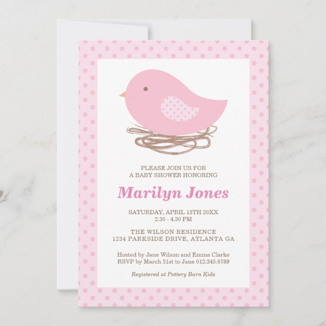 Nid d'oiseau bébé fille douche Invitation (Devant)