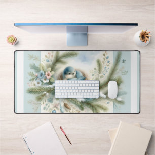 Nid d'oiseau bleu avec des ornements dans les pins