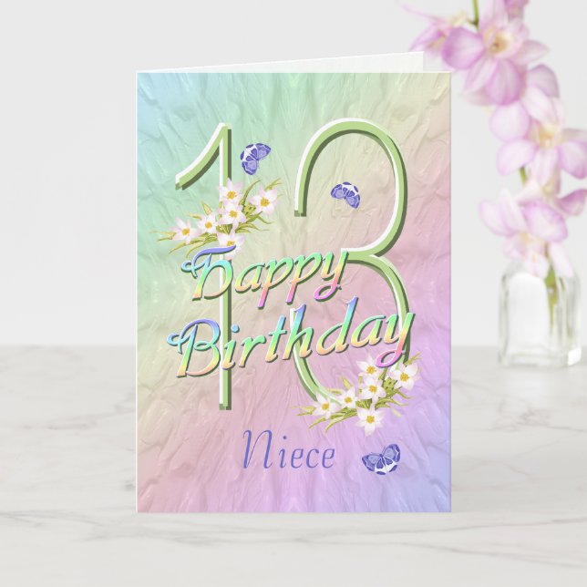 Niece 13th Birthday Butterflies and Flowers Card (Orchid)