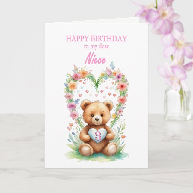 Niece Age 3 Teddy Bear  Card (Orchid)