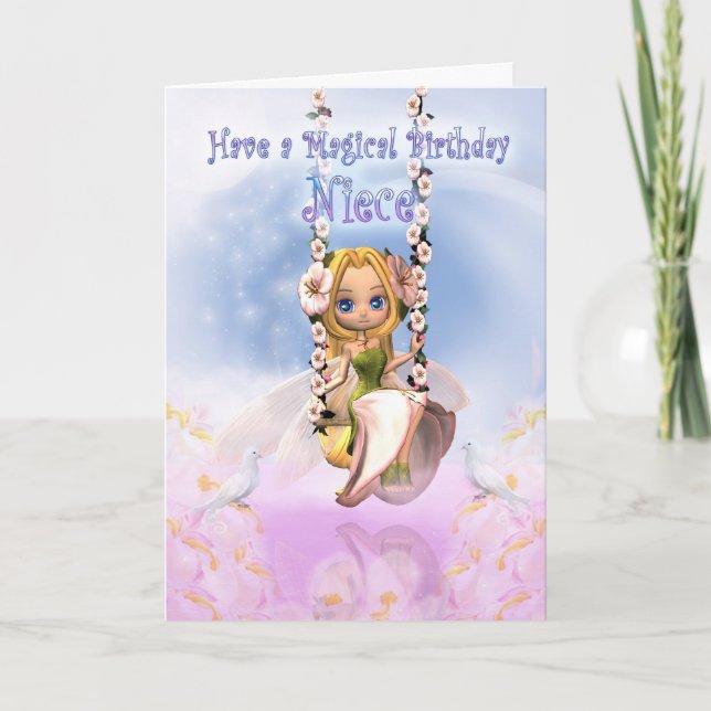 Niece Birthday card with Cutie Pie fairy on swing (Front)