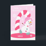 Niece Christmas Ice Skating Snowman Holiday Card<br><div class="desc">Send a special niece a fun and festive pink Christmas card featuring a happy ice skating snowman with a colourful candy cane and snowflakes on a light pink background. Snowman courtesy of Pretty Grafik.</div>