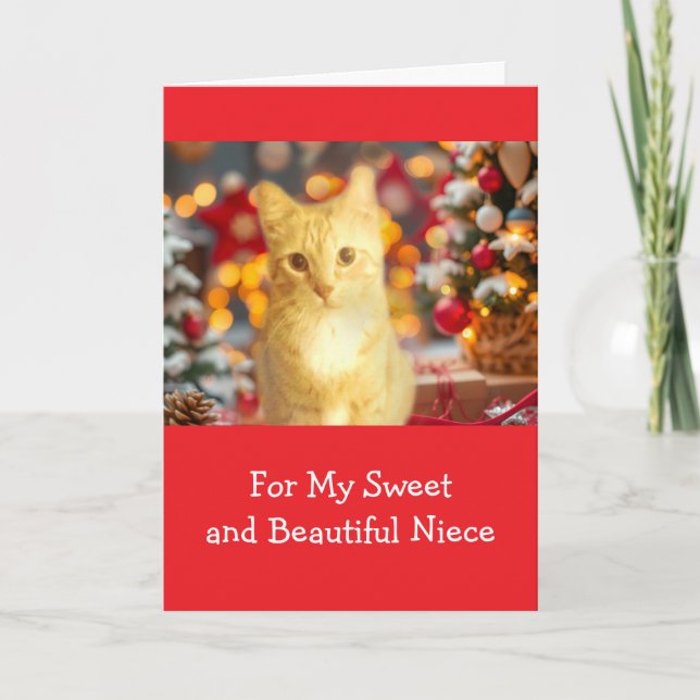 Niece Christmas with Cute Ginger Kitty Holiday Card (Front)