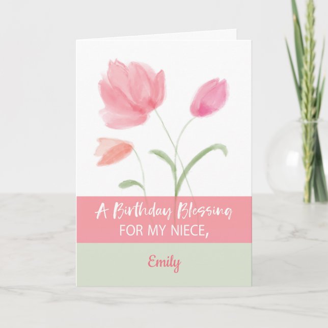 Niece Custom Name Religious Birthday Blessing Pink Card (Front)