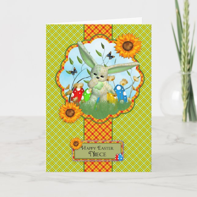 Niece Cute Easter Card With Rabbit And Easter Eggs (Front)