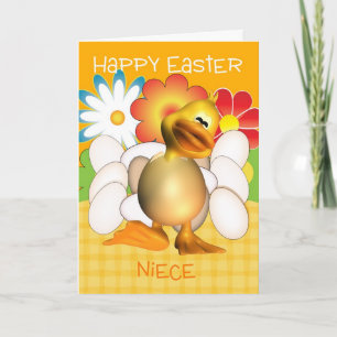 Niece Easter Card With Chick Eggs And Bright Flowe