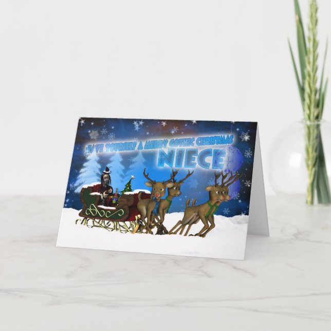 Niece Gothic Christmas Card, H.I.P. And Reindeer Holiday Card (Front)