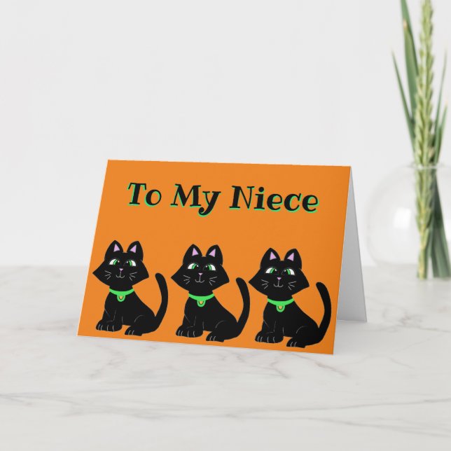 NIECE HALLOWEEN HOLIDAY CARD BLACK CAT ORANGE (Front)
