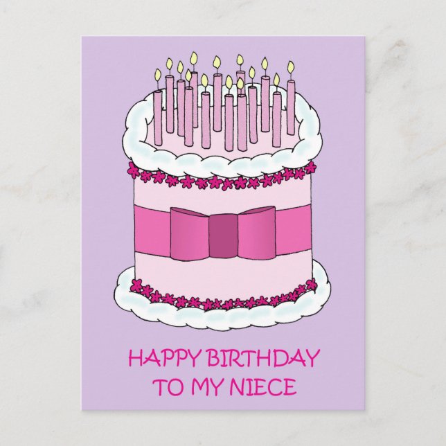 Niece Happy Birthday Cartoon Cake and Candles Postcard (Front)