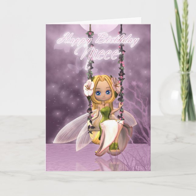 Niece Happy Birthday cute fairy on flower swing, m Card (Front)