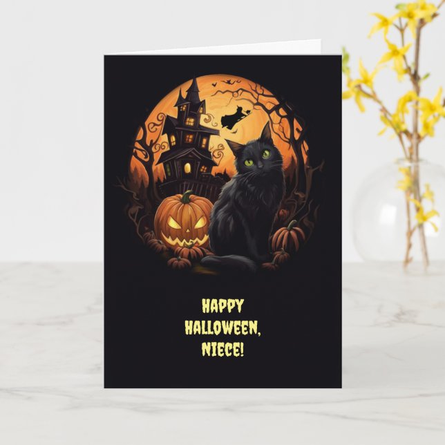 Niece Happy Halloween Black Cats Pumpkins Card (Yellow Flower)