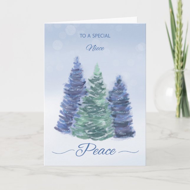 Niece Holiday Peace with Evergreen Trees Card (Front)