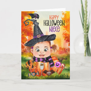 Niece Little Witch and Raven Halloween Pumpkin Holiday Card