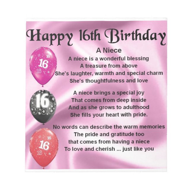 Niece Poem -  16th Birthday Notepad (Front)