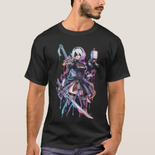 NieR Automata 2B Vaporwave Neon Japanese Text Over T-Shirt