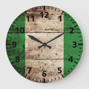 Nigeria Flag on Old Wood Grain Large Clock