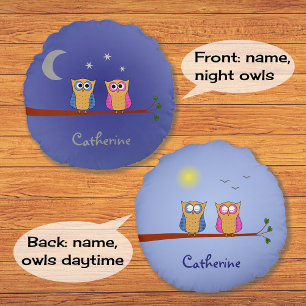 Night and day owls custom name two-sided round pillow