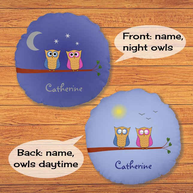 Night and day owls custom name two-sided round pillow (Creator Uploaded)