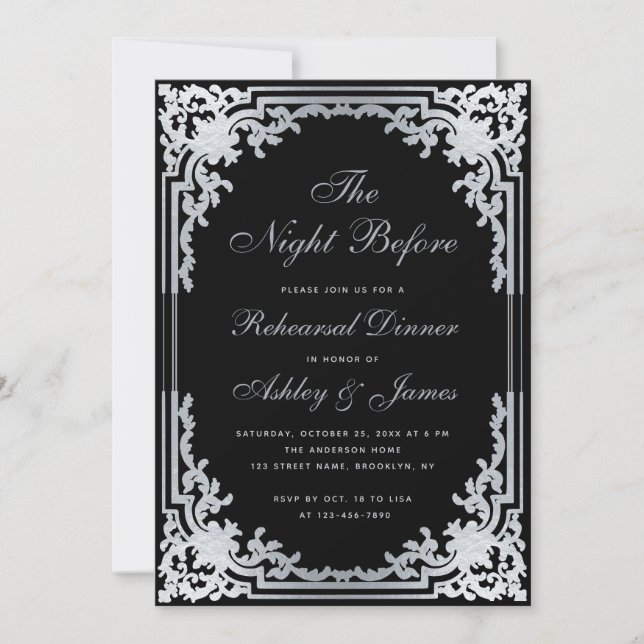 Night Before Black Faux Silver Rehearsal Dinner Invitation (Front)