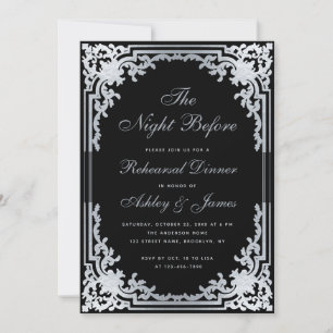 Night Before Black Faux Silver Rehearsal Dinner Invitation