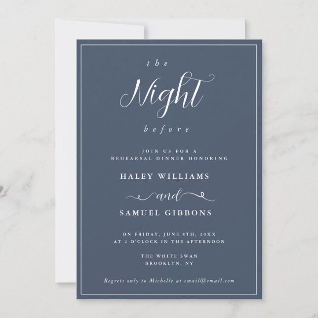 Night Before Navy Blue Rehearsal Dinner Invitation (Front)