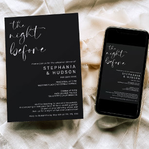 Night before white black wedding rehearsal dinner invitation