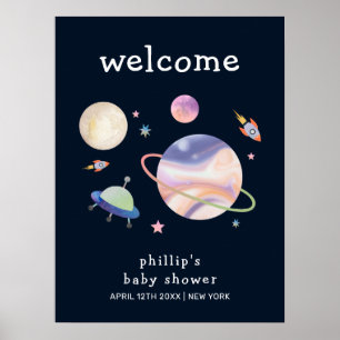 Night Black Galaxy Space Boy Baby Shower Welcome Poster