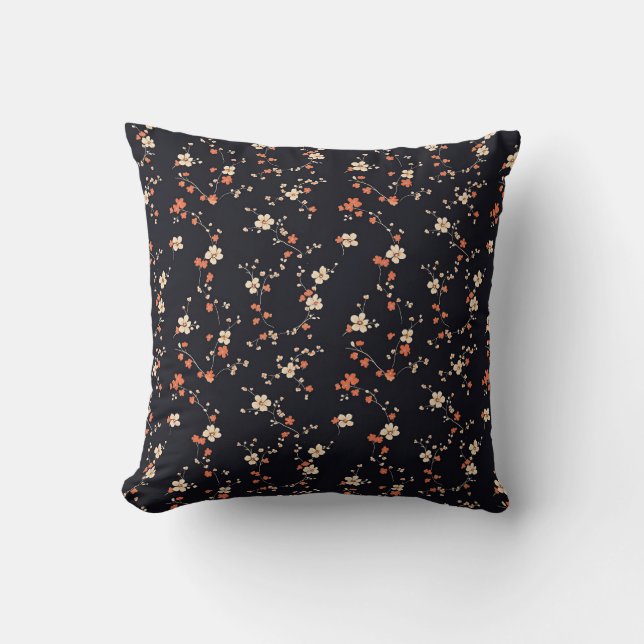 Night Bloom: Seamless Red Floral Pattern Throw Pillow (Front)