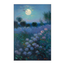 Night bloom wildflowers full moon painting