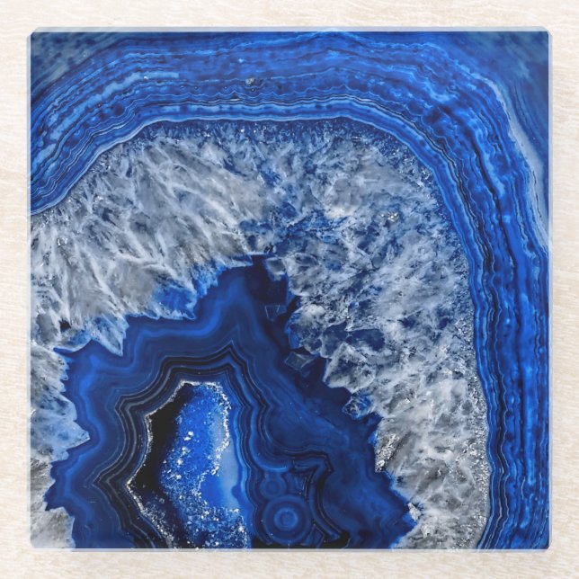 Night Blue Indigo Agate Mineral Quartz Gemstone Glass Coaster (Front)