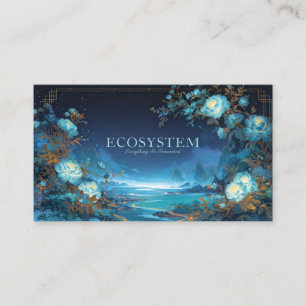 Night Blue Peony Floral and Celestial Lake Frame Business Card