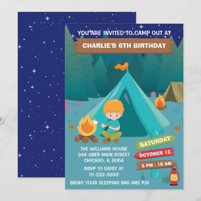 Night Camping Birthday Party Red Hair Boy Invitati Invitation (Front/Back)