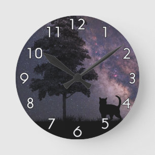 Night Cat Round Clock