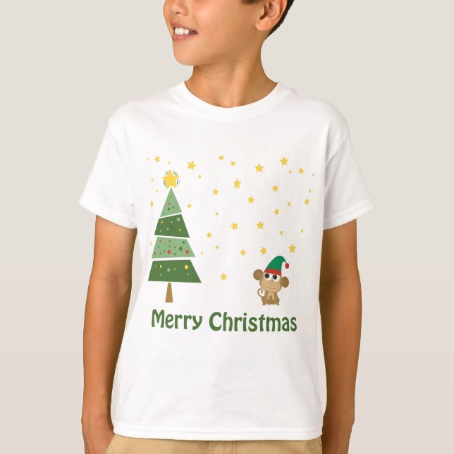 Night Christmas Scene with Cute Monkey T-Shirt (Front)