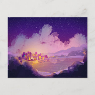 Night city on the seashore postcard