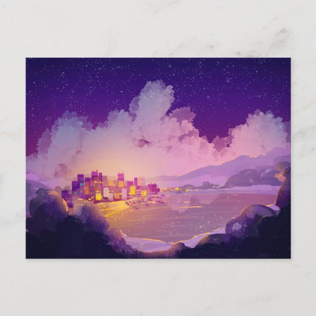 Night city on the seashore postcard (Front)