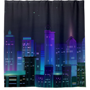 Night city panorama with neon glow on dark backgro