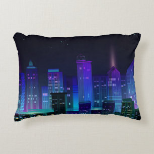 Night city panorama with neon glow on dark backgro accent pillow