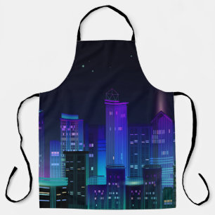 Night city panorama with neon glow on dark backgro apron