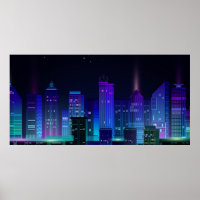 Night city panorama with neon glow on dark backgro