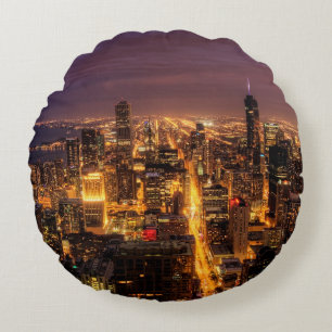 Night cityscape of Chicago Round Pillow