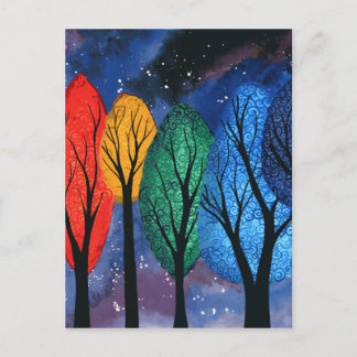 Night colour - rainbow swirly trees starry sky postcard
