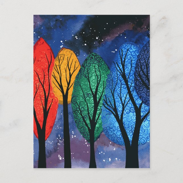 Night colour - rainbow swirly trees starry sky postcard (Front)
