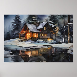 Night Cozy Winter Cabin Poster