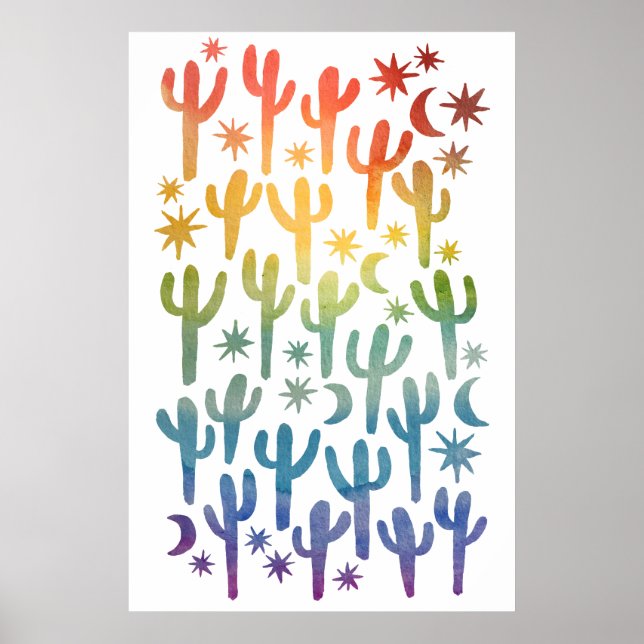 Night Desert Fun Cactus Rainbow Pattern Watercolor Poster (Front)