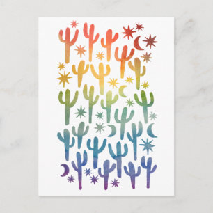 Night Desert Saguaro Cactus Rainbow Watercolor Postcard