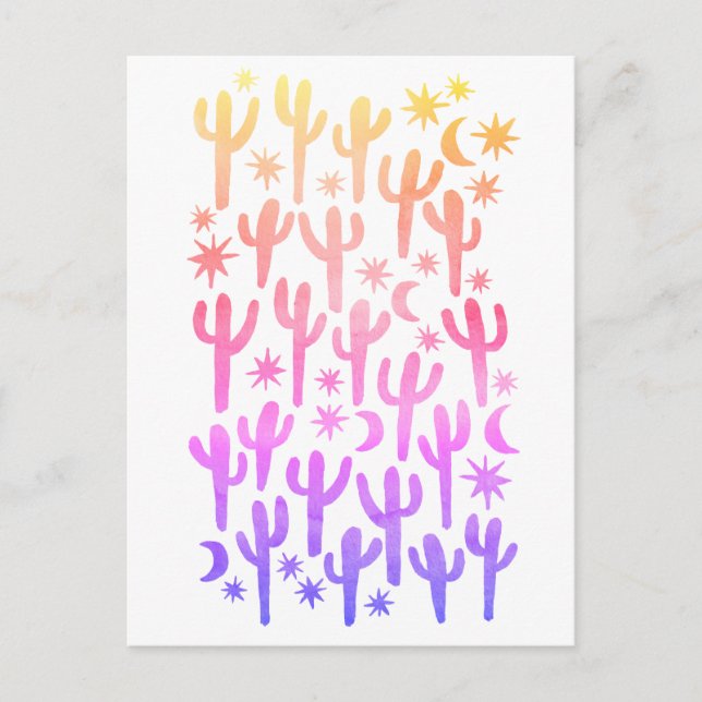 Night Desert Saguaro Cactus Sunset Watercolor Postcard (Front)