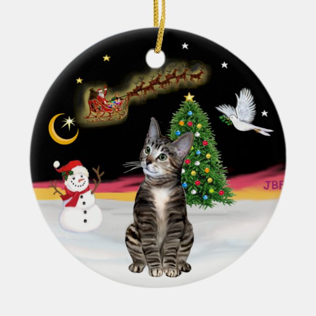 Night Flight  - Brown Tabby cat 2 Ceramic Ornament (Front)